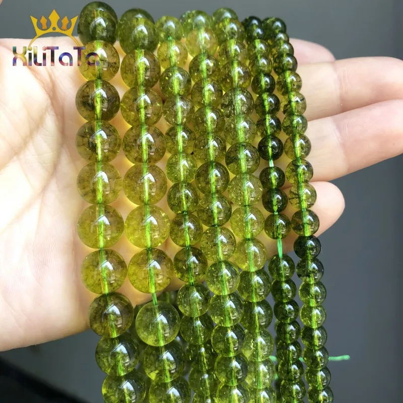 Smooth Green Peridot Crystal Stone Beads 6 8 10mm Round Loose Spacer Beads For Jewelry DIY Making Bracelet 15\'\'Inches/Strands