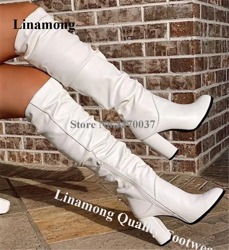 Linamong  Women Elegant Round Toe Knee High Chunky Heel Boots White Leather Slim Long Thick HIgh Heel Boots Formal Dress Shoes