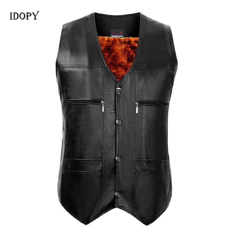 Idopy Men`s Leather Vest Fur Winter Warm Fleece Lining Faux PU Sleeveless Jacket Waistcoat