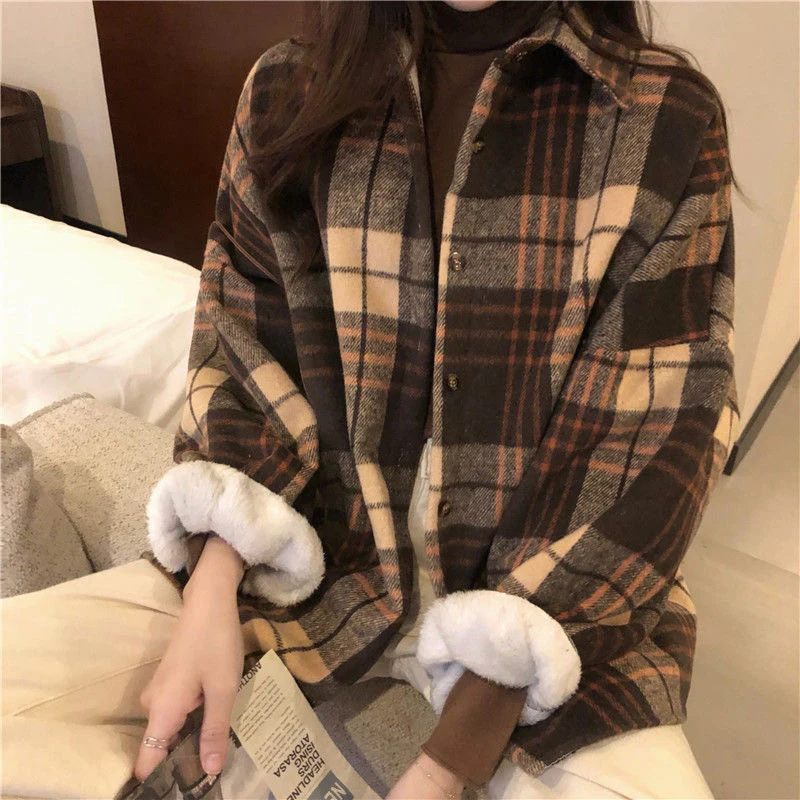 Winter Fashion Women's Shirt Coat New Casual Turn-Down Collar Button Ladies Stitching Plaid Cashmere Women Autumn Loose Jacket