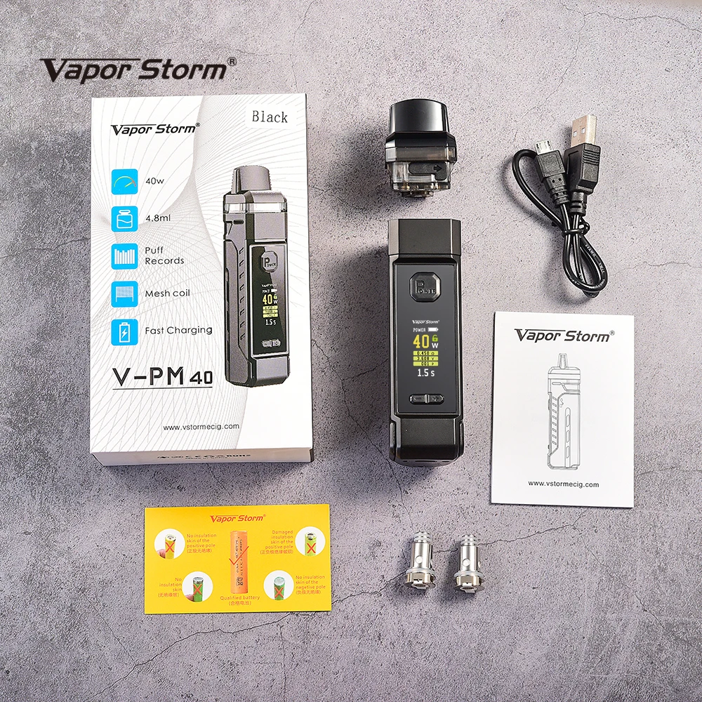 Vapor Storm PM Pod System External 18650 40W Mod 0.3-0.6ohm 2 Coils 4.8ml Vape Kit Electronic Cigarette Cartridge VS VINCI X