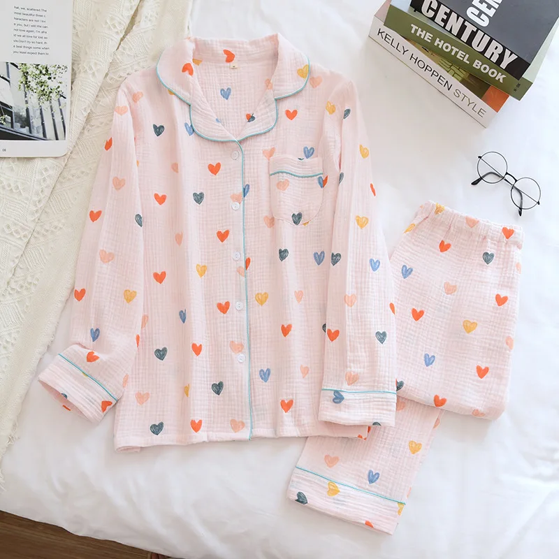 Cotton Crepe Heart Print Women Pajamas Thin Sleepwaer Pyjamas Women 2024 Soft Loose Pajama Set Casual Long Sleeve Pijamas Suit