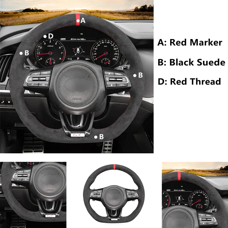 Black Suede Red marker Blue marker Car Steering Wheel Cover For Kia Stinger 2017 2018 2019 2020