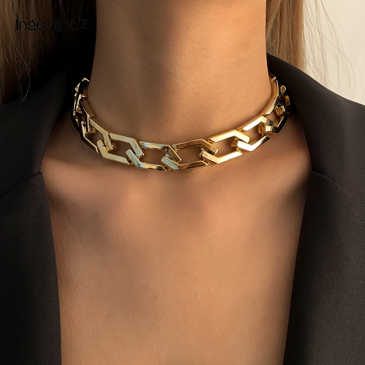 IngeSight.Z Retro Irregular Geometric Plastics Chain Choker Necklace Chunky Gold Color Short Clavicle Necklace for Women Jewelry