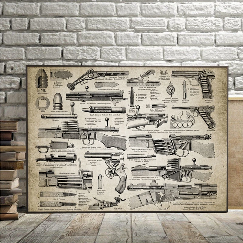 Vintage Guns Print Armament Hand Gun Rifle Machine Pistol Illustration Poster Boys Gift Art Canvas Painting Home Wall Decor