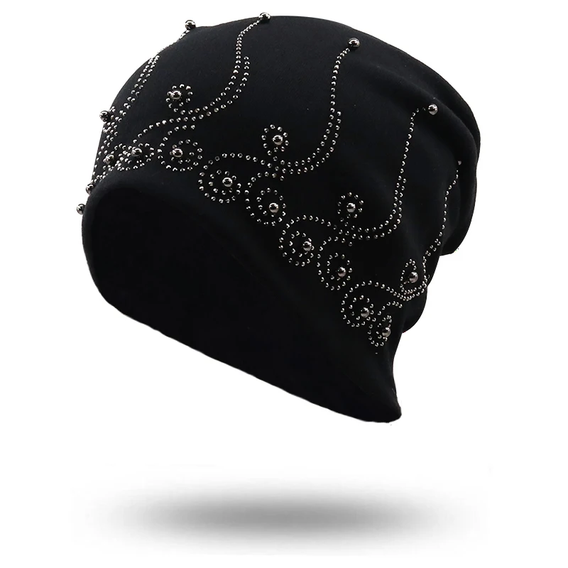 Brand Women\'s Beanie Hat Casual Polyester Shine Pearls&Rhinestones Beanies For Women Skull Beanie Hats Bonnet For Female