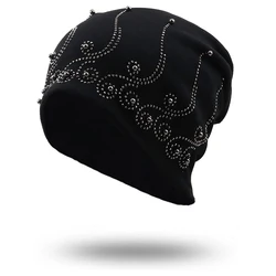 Brand Women's Beanie Hat Casual Polyester Shine Pearls&Rhinestones Beanies For Women Skull Beanie Hats Bonnet For Female