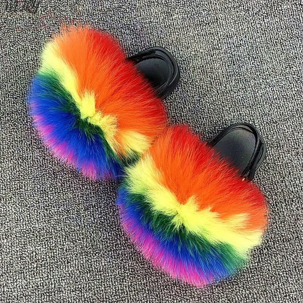 2020 Summer Kids Fur Slippers Fluffy Raccoon Fur Slides Furry Real Fox Fur Flip Flops Flat Children Rainbow Shoes  Fur Sandals