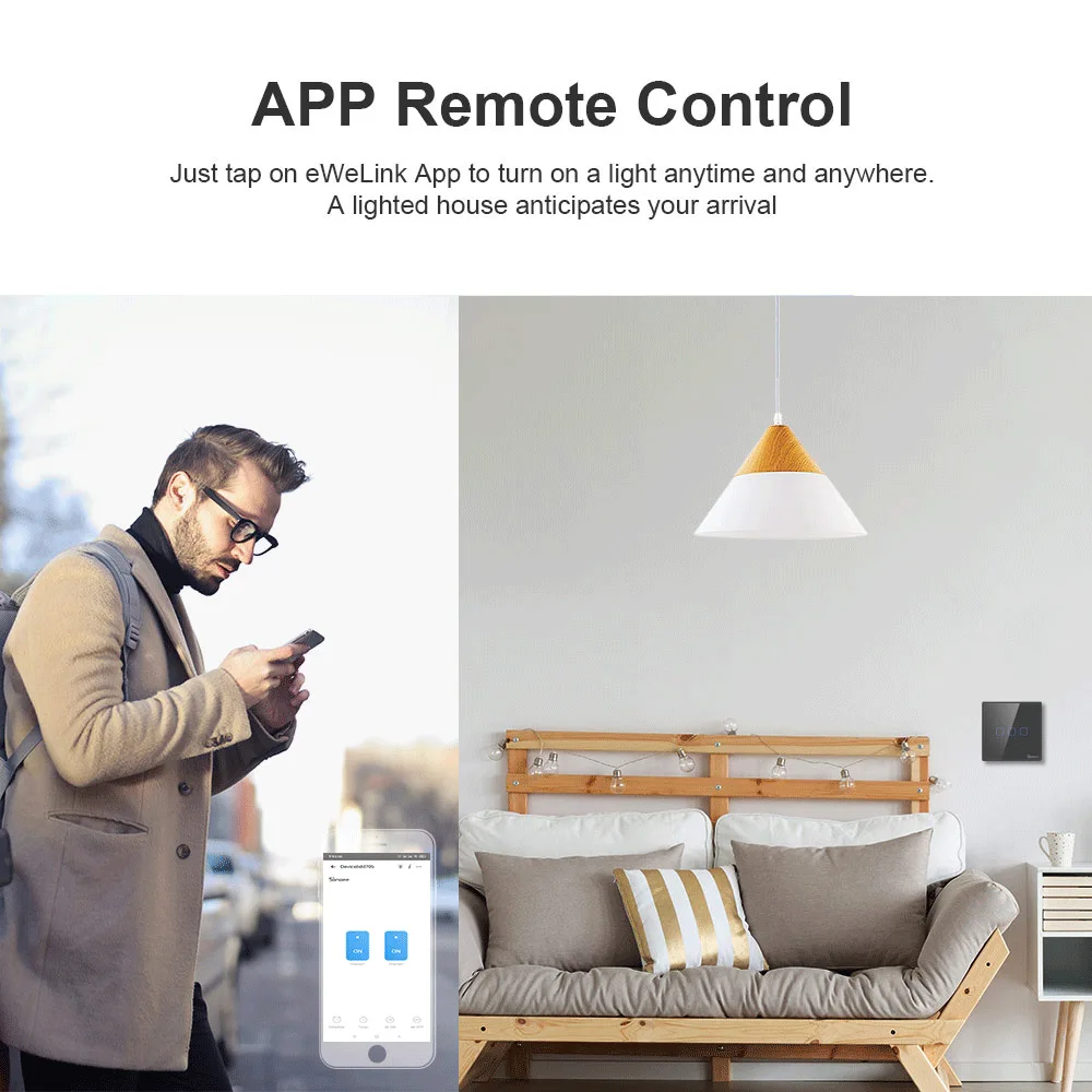 جهاز SONOFF T3EU يعمل باللمس الحائطي الذكي بالواي فاي باللون الأسود مع جهاز تحكم عن بعد بتردد 433 ميجا هيرتز يعمل عن طريق جهاز eWeLink يعمل مع أليكسا جوجل هوم