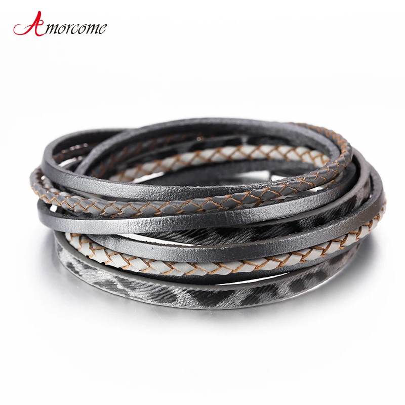 Amorcome-Bracelet rond en cuir tressé pour femme, imprimé léopard, manchette multicouche, bijoux Boho magnétiques