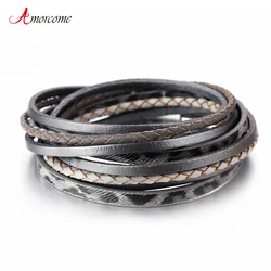 Amorcome Leopard Print Long Braided Leather Wrap Bracelet for Women Multi Layer Cuff Bangles With Magnetic Boho jewelry Gift