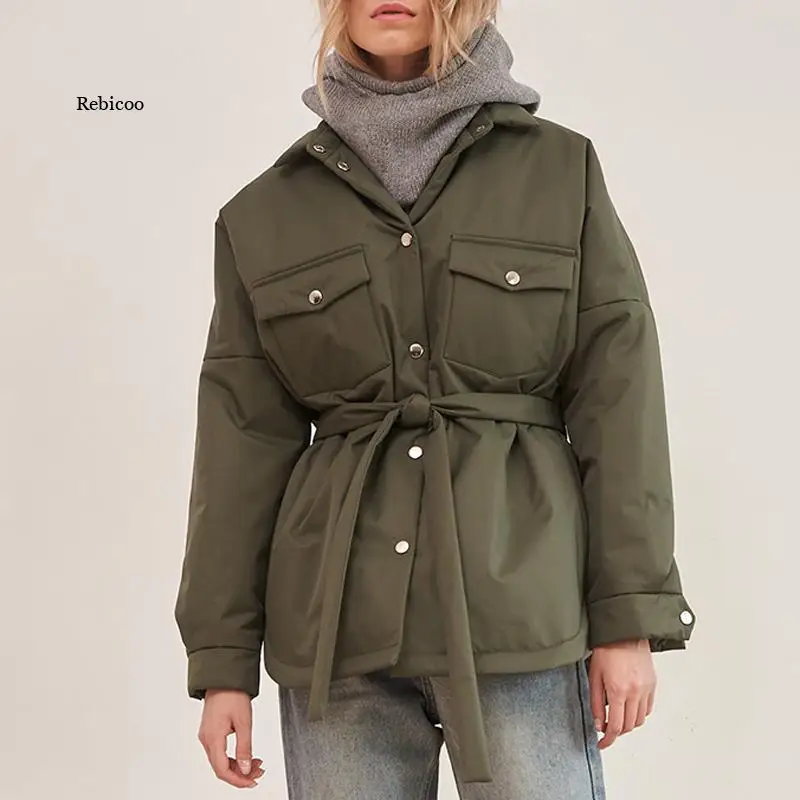 

Women Cotton Parkas Fashion Front Pockets Tie Belt Coats Women Elegant Solid Turn Down Collar Jackets Female Ladies