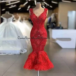 Hot Sale Red Lace Feather Cocktail Dresses V-Neck Sleeveless Short Formal Evening Gowns Prom Party Dresses sukienki koktajlowe