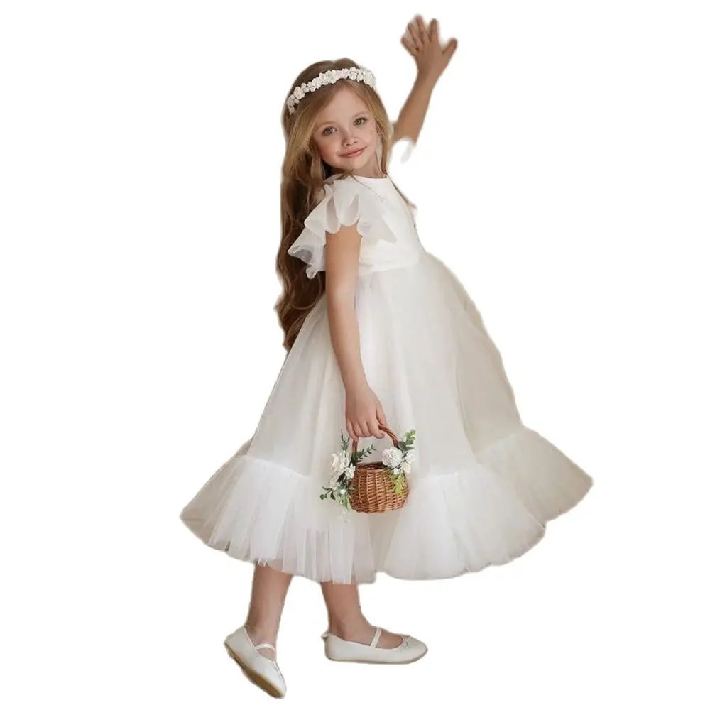 Vestido de baile de encaje de tul para niña, vestidos de flores con volantes para niña, vestido de princesa de ilusión, vestido de fiesta de boda de primera comunión