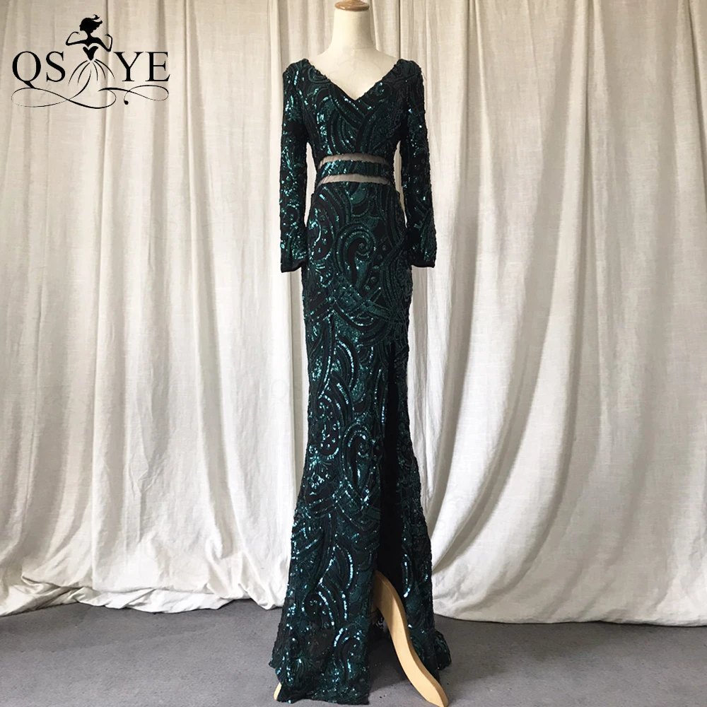 

Green Sequin Evening Dress Sparkle Pattern Lace Mermaid Prom Gown Long Sleeves Split Glitter Party V Neck Emerald Formal Dress