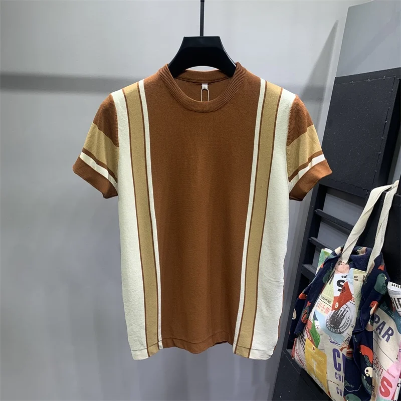 Summer 2022 Men Contrast Colors Knitted T-Shirts Fashion Short Sleeve O-Neck Slim Fit Pullover Casual Tees Homme Plus Size B214