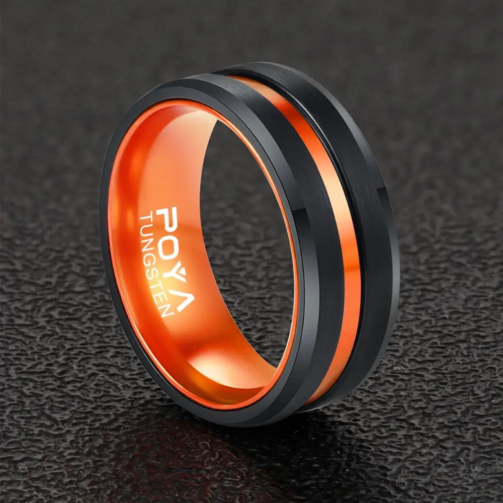 POYA 8 mm Black Tungsten Ring With Orange Aluminum Liner Interior Men's Women's Wedding Band