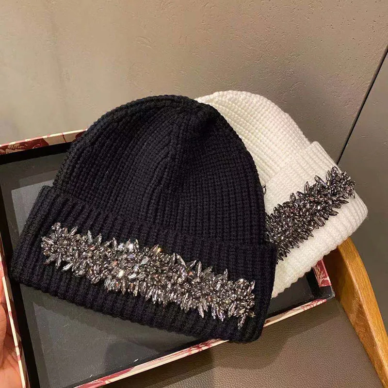 Gorros con diamantes de imitación para mujer, gorro de punto elástico, gorros de esquí, gorros cálidos para mujer, Otoño e Invierno