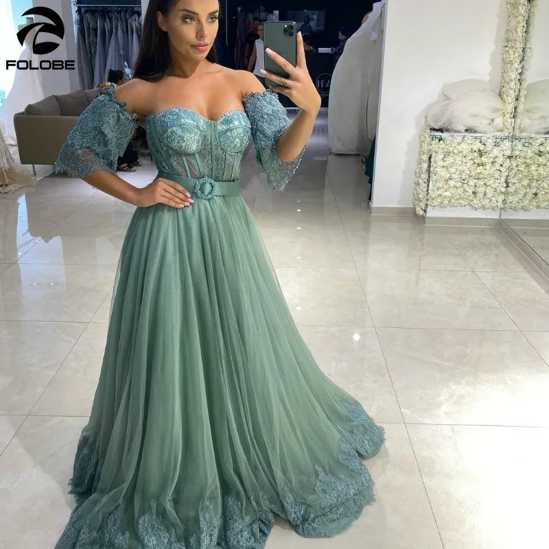 2021 Latest Green Lady Evening Dress Sweetheart Strapless Lace Beading Illusion Detachable Sleeves Belt A-shaped Tulle Ball Gown