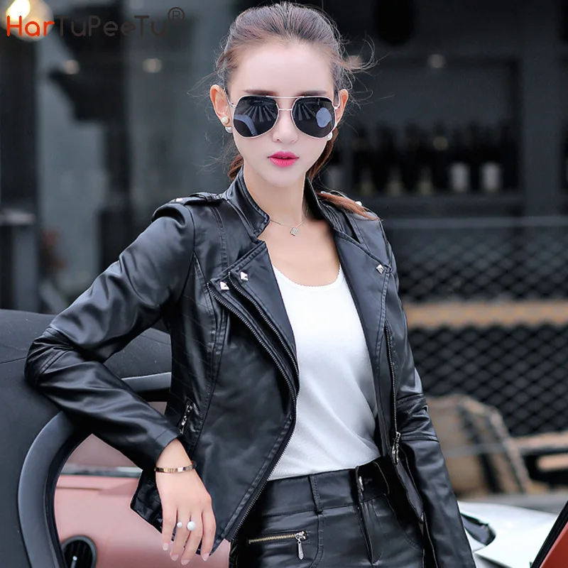 Thoáng Mát Pu Da Giả Áo Khoác Nữ Đinh Tán Trang Trí Lót Bông Ấm Áp Đen Áo Khoác Mùa Đông 2023 S ~ 3XL Slim Fit khóa Kéo Moto Xe Đạp Áo Khoác Ngoài