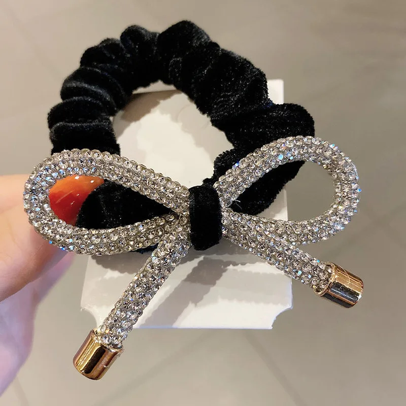 Ladies Rhinestone Bowknot Hair Ties Rope Luxury Glitter Jeweled Elastic Rubber Band Ponytail Holder Velvet Scrunchies