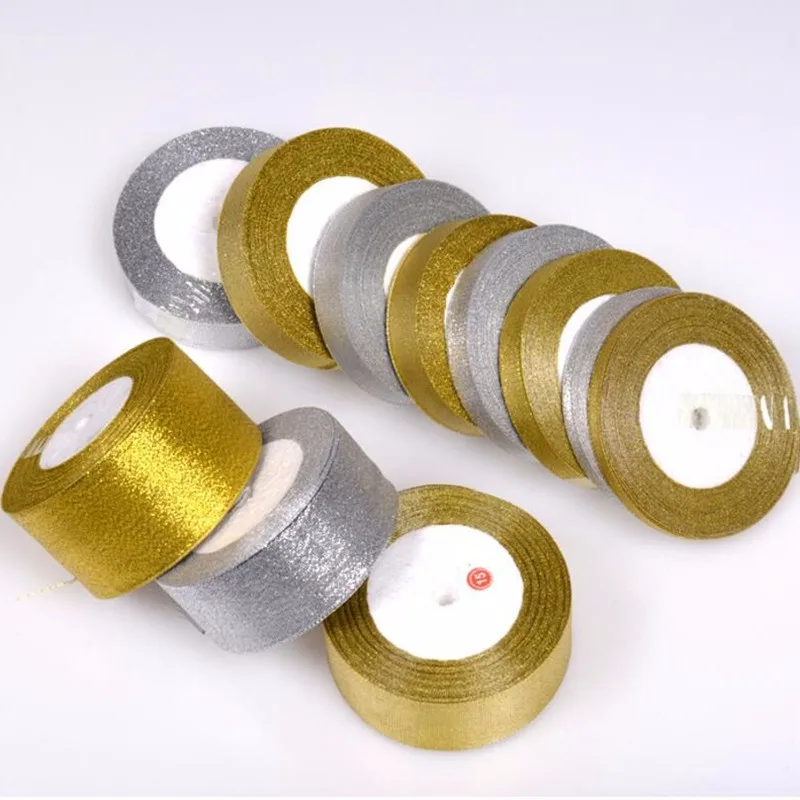 3/6/10/15/20/25/30/40/50mm Gold Silver Glitter Satin Ribbon for Weeding  Christmas Party Gift Baking Packing Bow Card Decoration