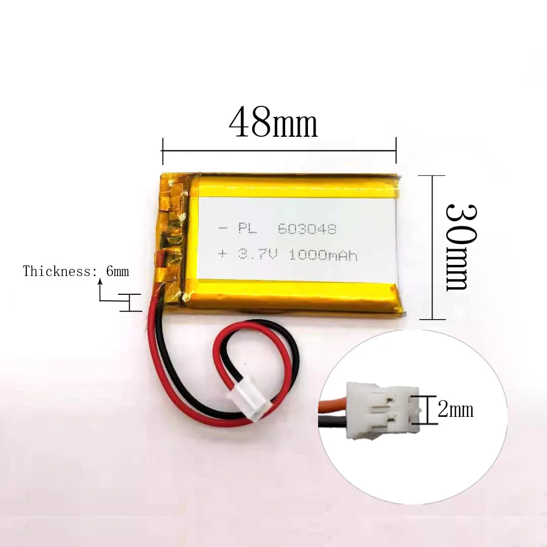 MSDS Verified 2/5/20/200/1000/10000pcs 603048 , Rechargeable 3.7V 1000mAh Li Li-po Lithium Polymer Ion Battery 2 Pin 2.0mm JST