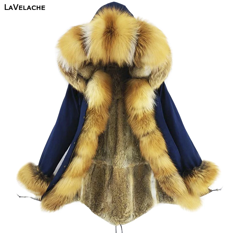 Winter Women Long Casual Real Raccoon and Silver Fox Fur Coat Waterproof Parka Fashion Thick Warm Rabbit Fur Liner Detachable