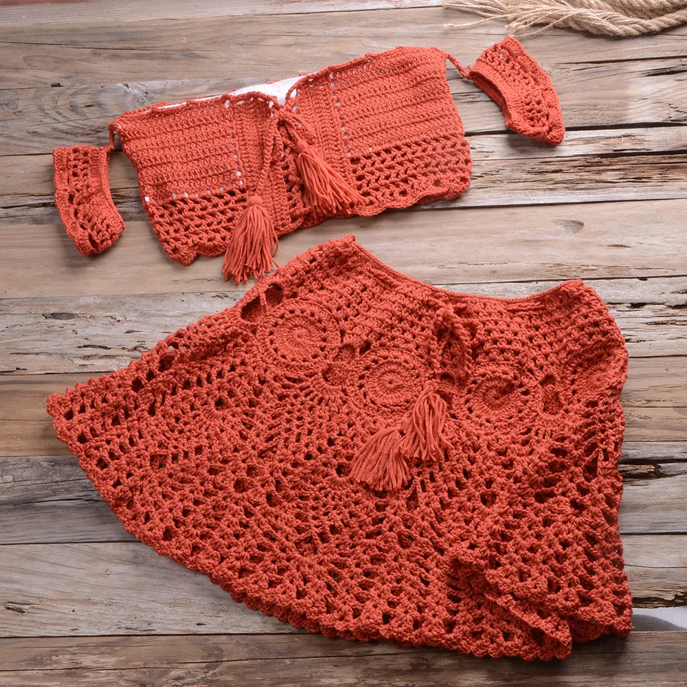 Crochet Two Piece Set Summer Beach Dress sexy women off shoulder crop top+A line mini skirts Bikini swimwear cover up