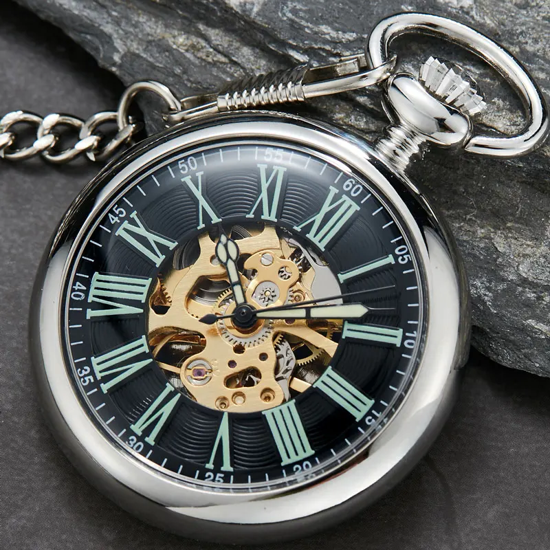 Vintage Watch Necklace Steampunk Skeleton Mechanical Pocket Watch Clock Hand-winding Men Women Chain Gift Relgio de bolso