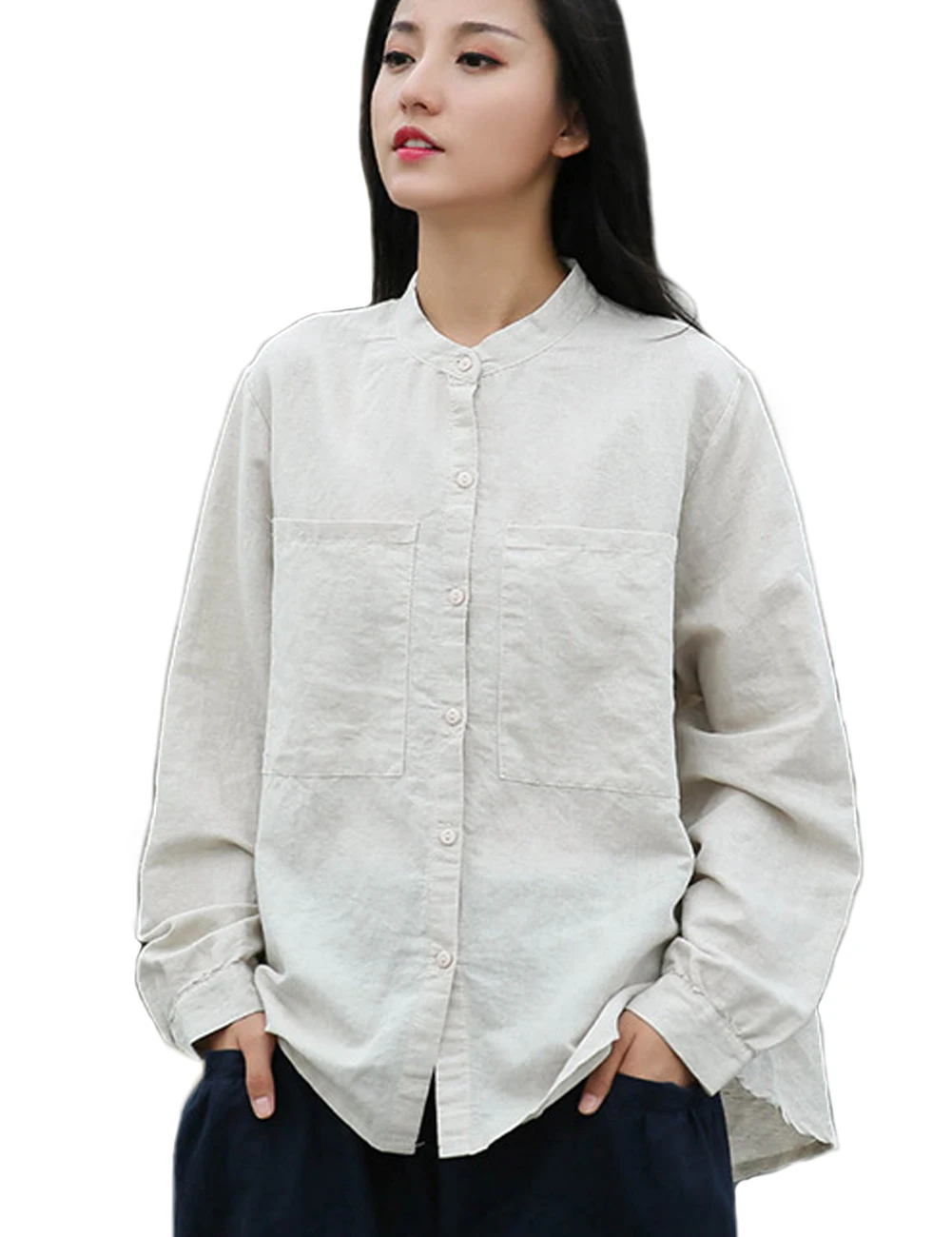 LZJN Nữ Cotton Linen Cổ Đứng Cao Thấp Áo Sơ Mi Nút Xuống Áo Dài Tay Áo Có Túi