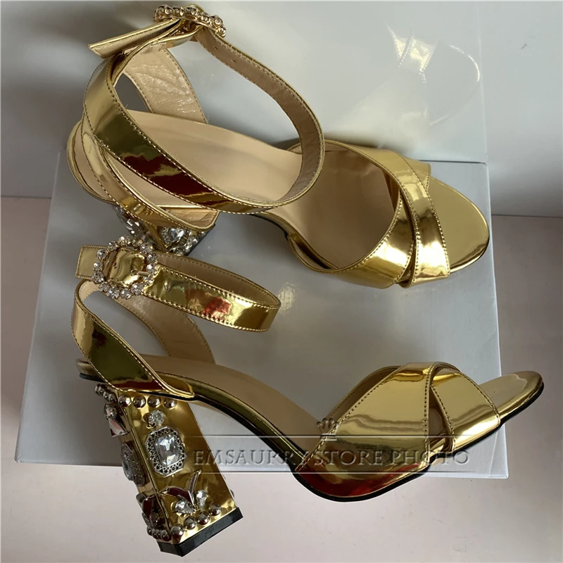 Cross-belt Ankle Strappy Banquet Shoes Woman Gold Patent Leather Metal Decor Crystal Diamond Chunky Heel Summer Sandals Women