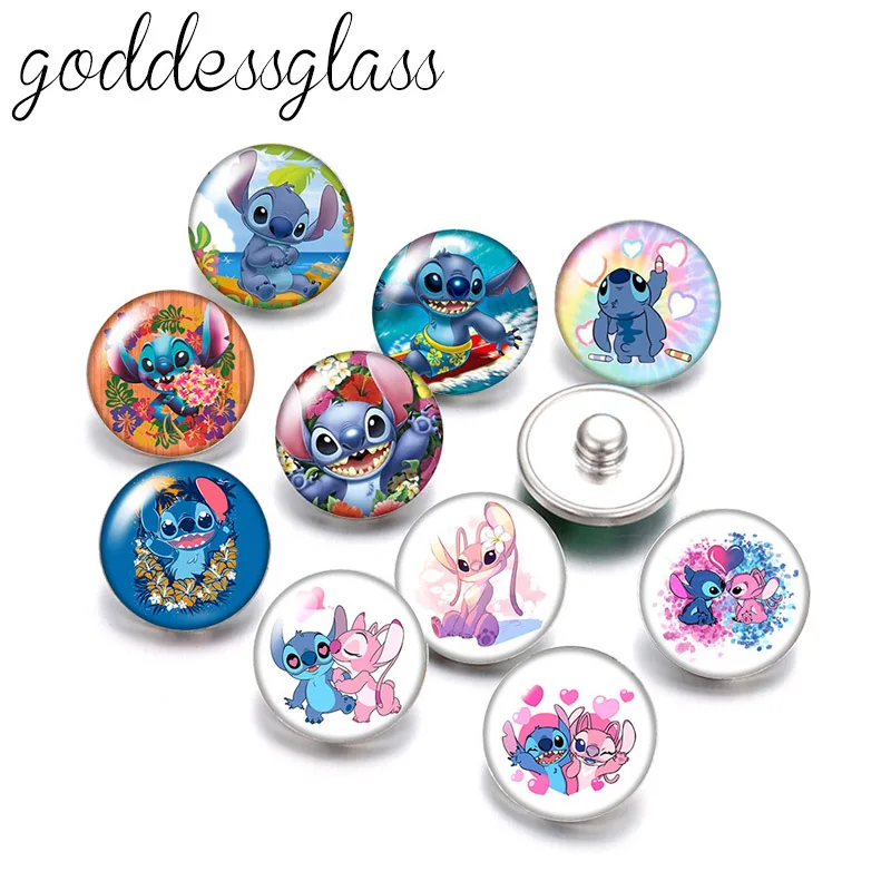 Disney Cute Stitch Angel 10pcs Round photo glass 18mm snap buttons for 18mm snap bracelets jewelry