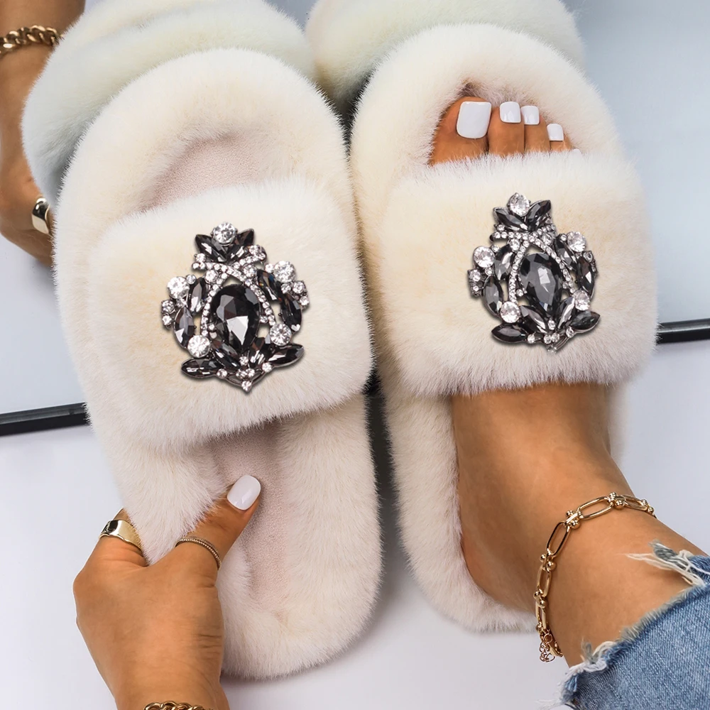 Lady Faux Fur Slides Slippers Drop Shape Alloy Rhinestone Crystal Winter Fur Sandals Flip Flops Crystal Flats Shoes for Women