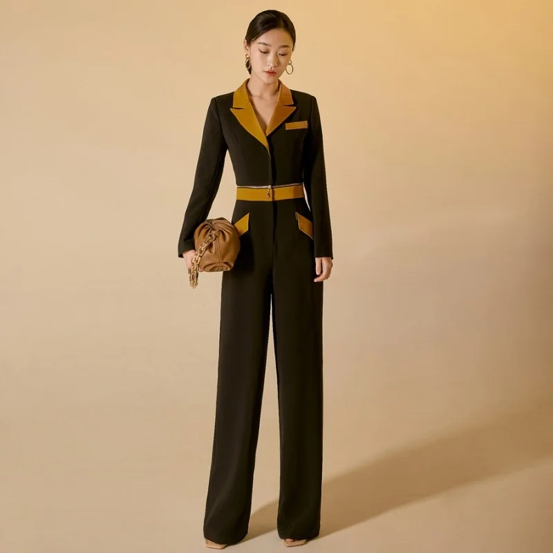 

Color Mixed Women Long-Sleeve Playsuit Lapel Zipper Detachable Top Jumpsuit Ladies High Waist Wide Leg Trousers Spring Overalls