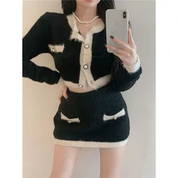 Sexy Slim Mink Cashmere Knitted Sweater Suit Women Chic Long Sleeve Cropped Cardigan And Mini Skirt Korean Fashion Two Piece Set