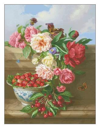 

Still life with Roses and Strawberries Cross Stitch Kits Top Quality Crafts 14CT Unprinted Embroidered Handmade Art Set Decor