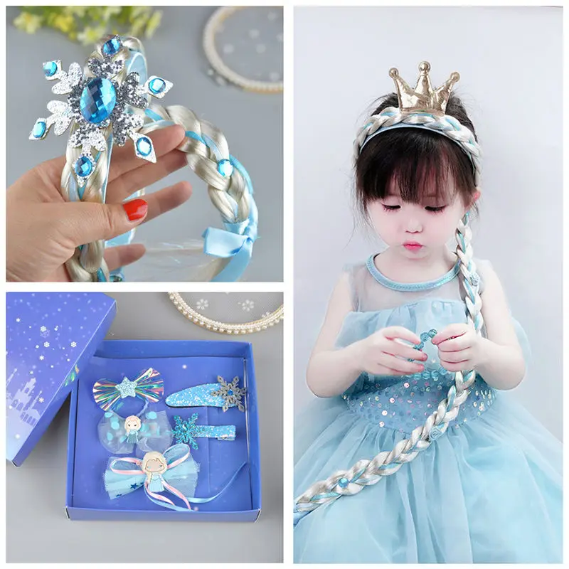 6pcs Girls Crown Wig Braid Snow Princess Hairpin Children’s Headband Accessories Queen Elsa with Cute Hair Hoop for kids