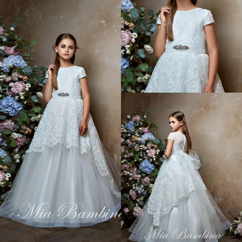 Luxury Flower Girl Dresses Jewel Neck Lace Appliques Girls Pageant Dress Short Sleeve Kids Birthday Party Gowns