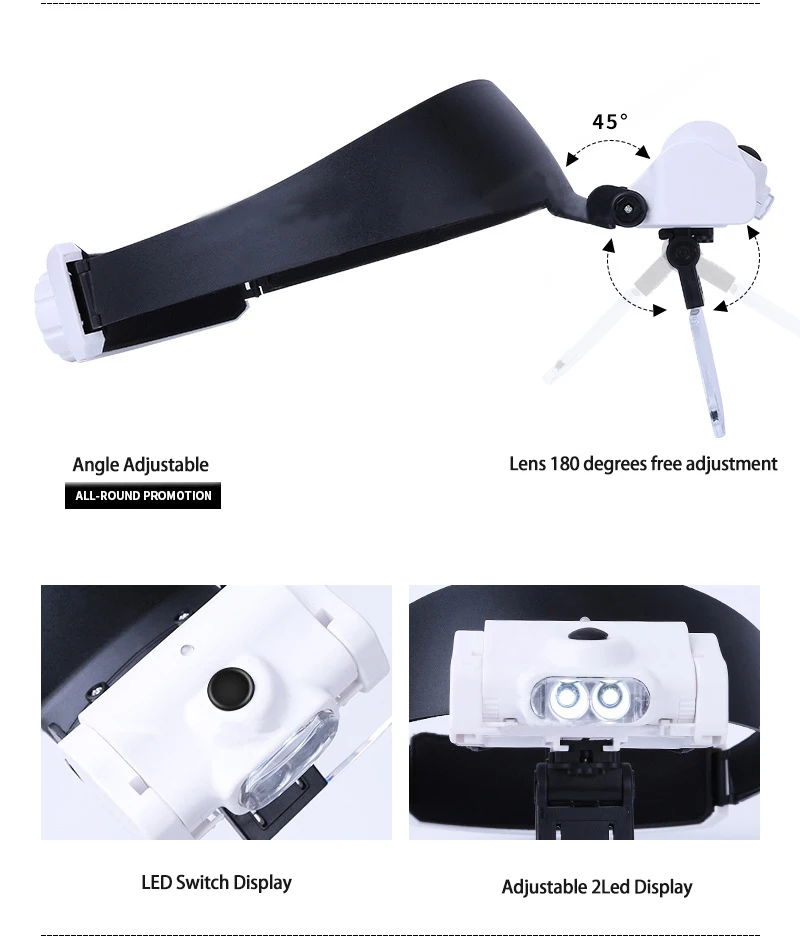 Lente d'ingrandimento per fascia con lampada a LED, lente d'ingrandimento a 5 lenti per lettura di manutenzione del circuito di rilevamento industriale