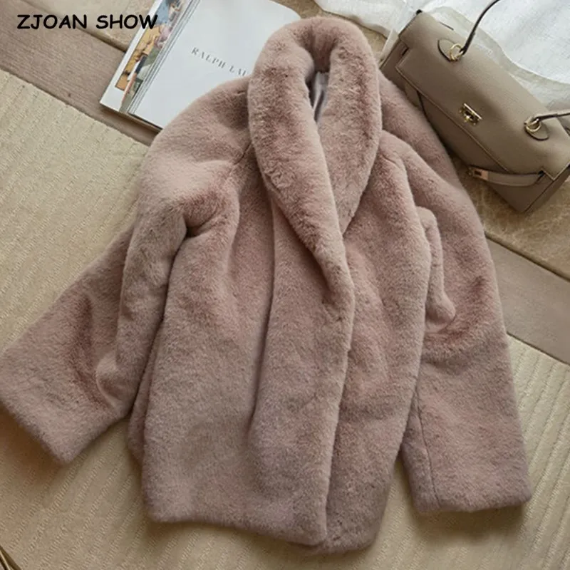 Winter Turn down Collar Lapel Hairy Shaggy Soft Faux Fur Coat Green Women Long Sleeve Furry Fur Warm Jacket Short Outerwear