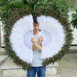 Large Peacock Feather Folding Hand Fan Chinese Feather Fan Wedding Party Cosplay Dance Fan Home Decoration Abanicos Para Boda