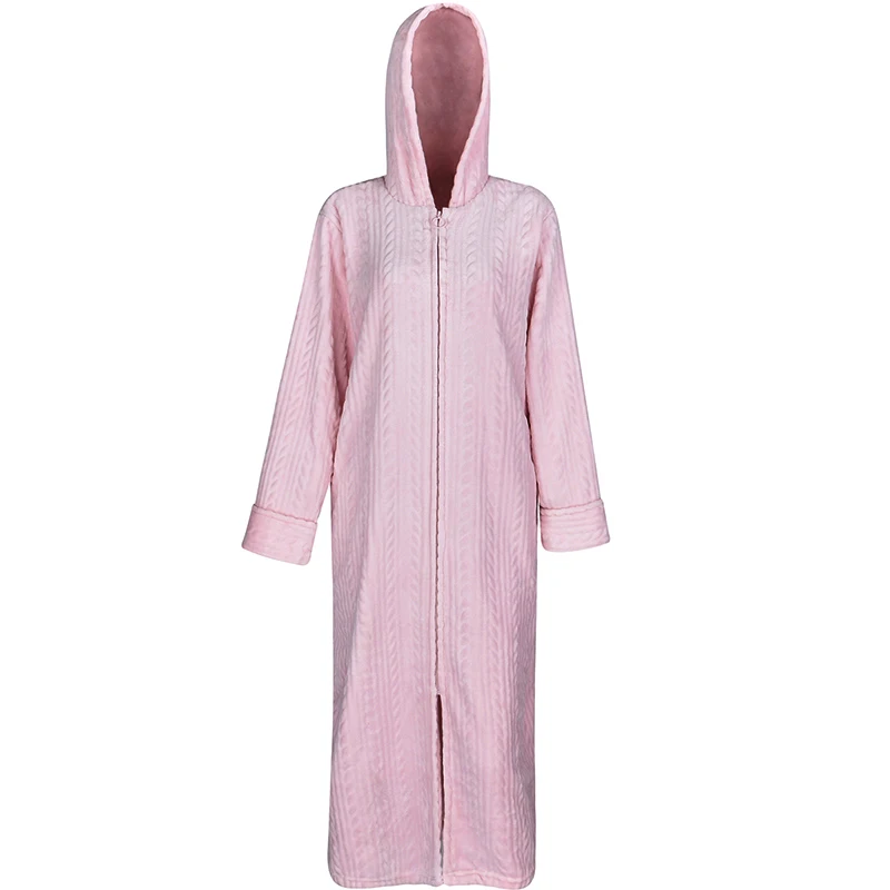 40-110KG Women Winter Plus Size Long Hooded Flannel Bathrobe Warm Bath Robe Zipper Pregnant Night Dressing Gown Men Sleepwear