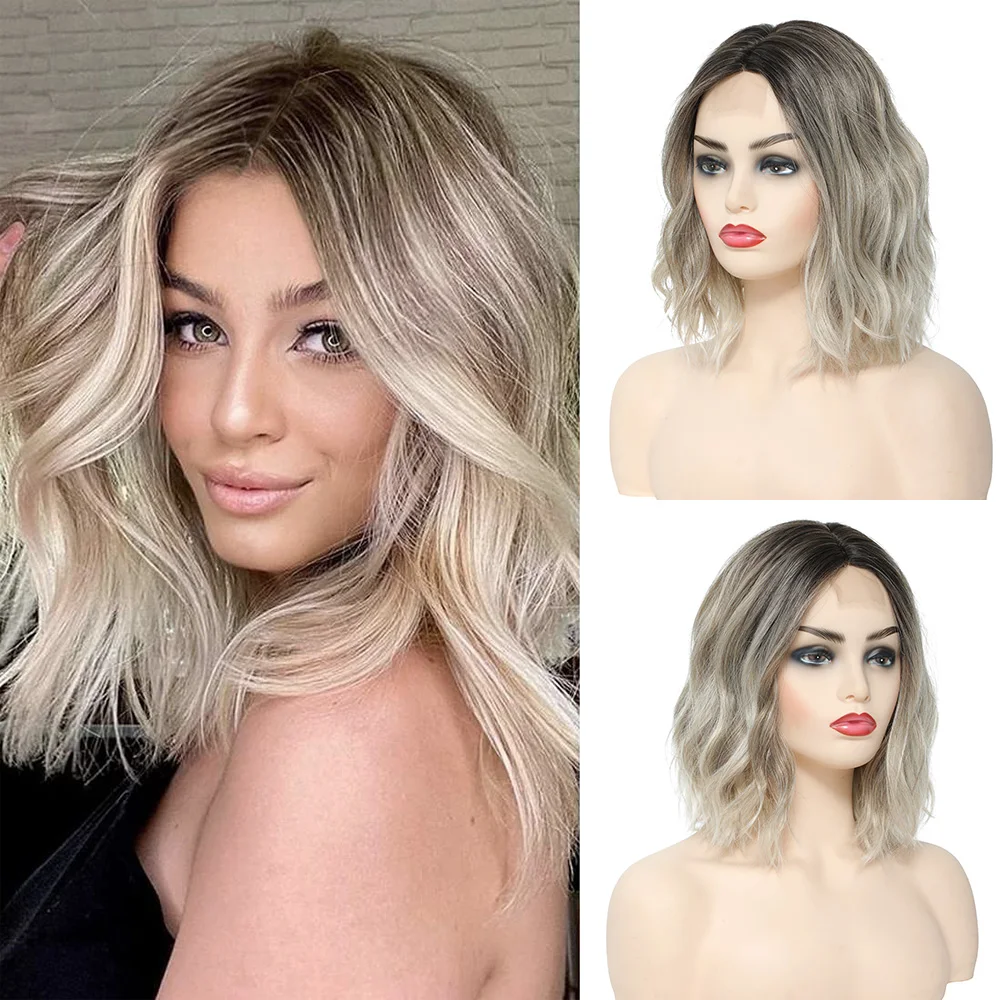 613 Short Bob Part Lace Wigs for Women Brown Grey Ombre Wave Wigs Synthetic Water Wave Lace Wig Heat Resistant Fake Hair Cosplay