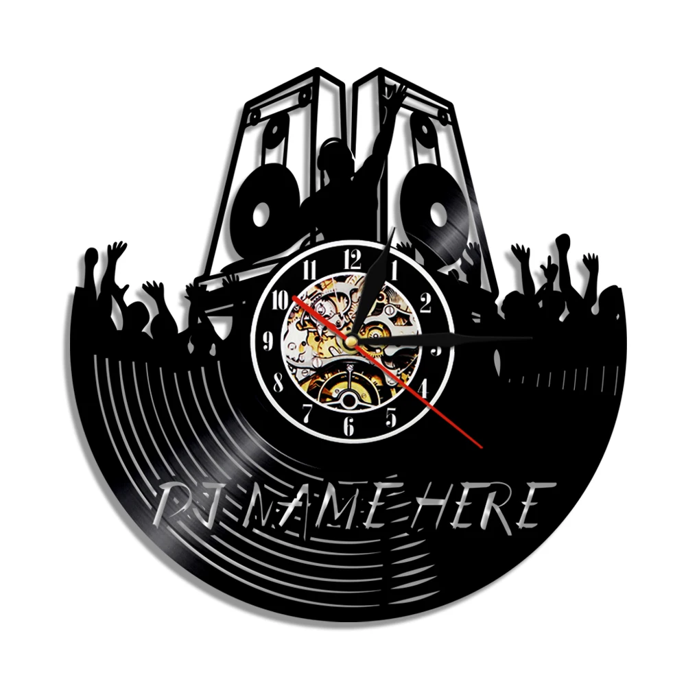 Custom DJ Name Here Wall Clock Club Pub Put You Hand Up Vinyl Record Hanging Watches Modern Design Creative Wall Decor DJ Gift