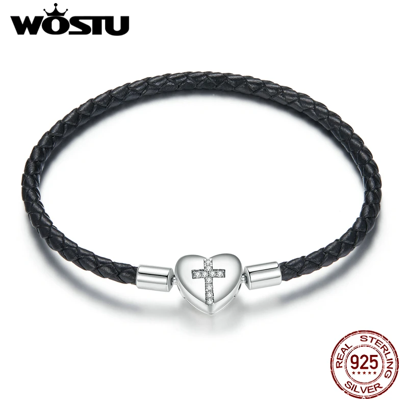 WOSTU 925 Sterling Silver Heart Lock Basic Bracelet Black Braided Long Leather Rope Bracelet For Women Fashion Jewelry CQB205