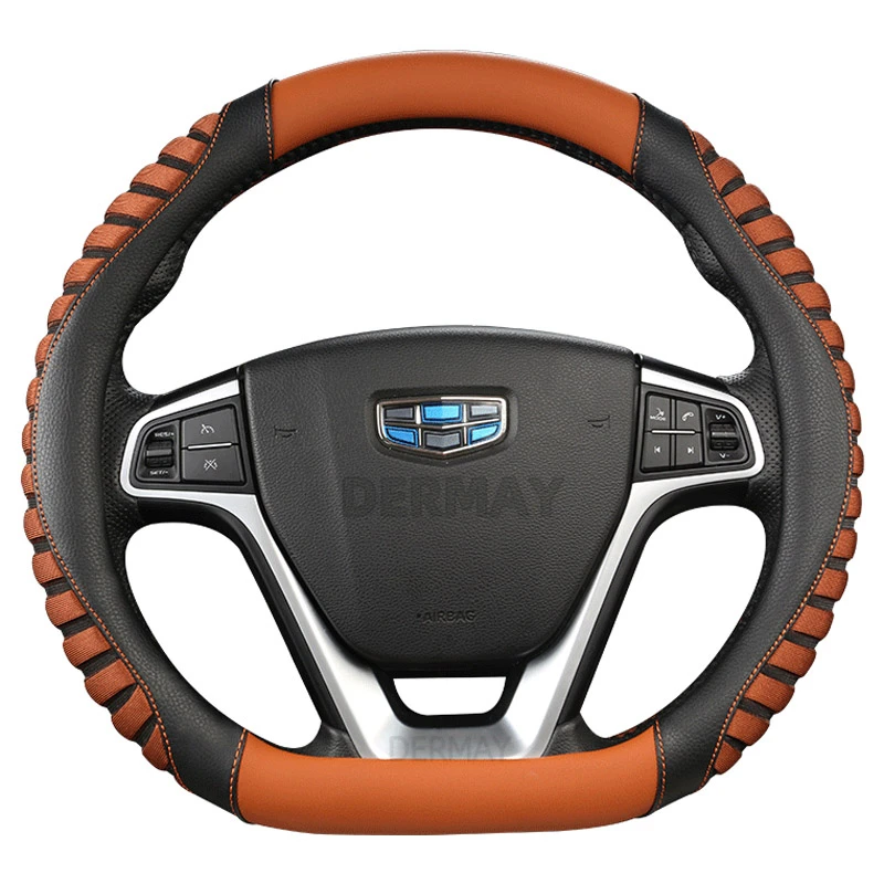 DERMAY D Shape Steering Wheel Cover Leather + Ice Silk for Geely Atlas Emgrand EC7 Coolray VW Golf 7 Hyundai Santa fe 2014-2020
