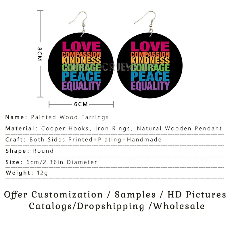 SOMESOOR Love Respect Freedom Rainbow Printed Wooden Drop Earrings Kindness Equality Pride Sayings Dangle Jewelry Women Gifts