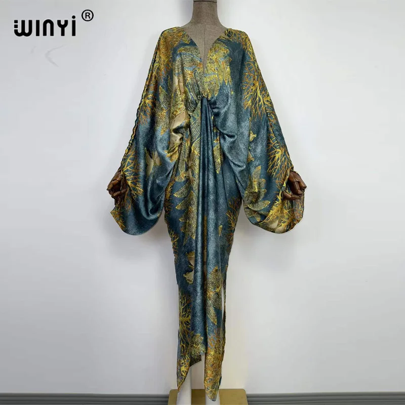 Deep v neck Sexy bech Europe Summer silk feeling Bohemian print 2022 WINYI Maxi women's robes long beach V-neck Bohemian dress