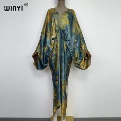 Deep v neck Sexy bech Europe Summer silk feeling Bohemian print 2022 WINYI Maxi women's robes long beach V-neck Bohemian dress